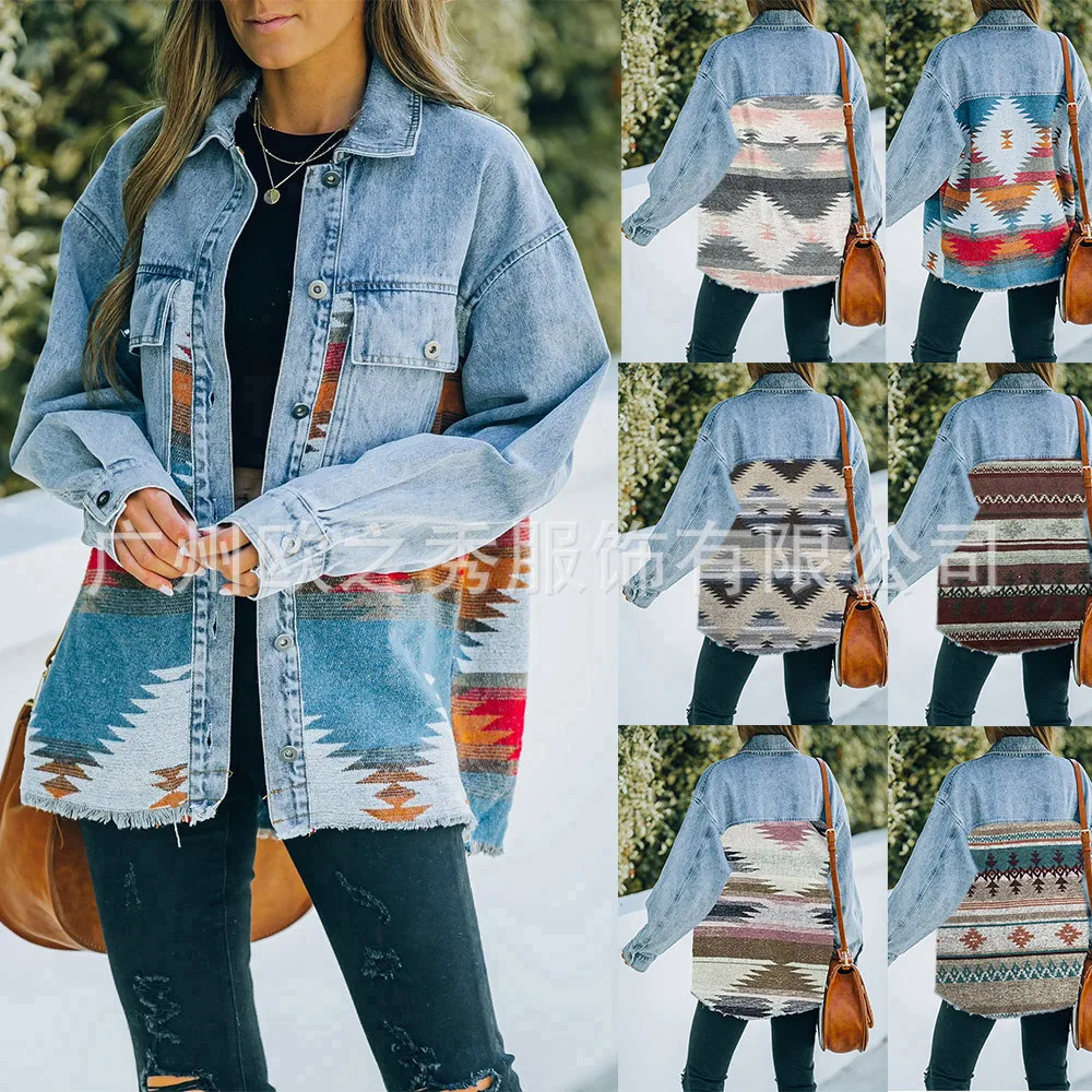 

Autumn and winter new lapel pocket denim stitching woolen coat women's retro jacket