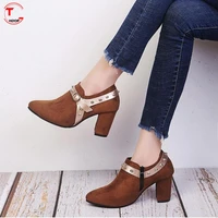 thick high heels ladies leather shoes ankle pumps round toe shoes sandals fashion women autumn black leather shoes plus size 43