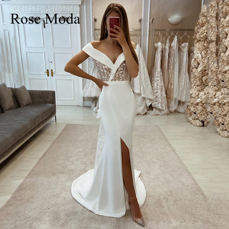 

Rose Moda Off the Shoulder V Neck Lace Bow Sheath Wedding Dress with Slit Custom Make
