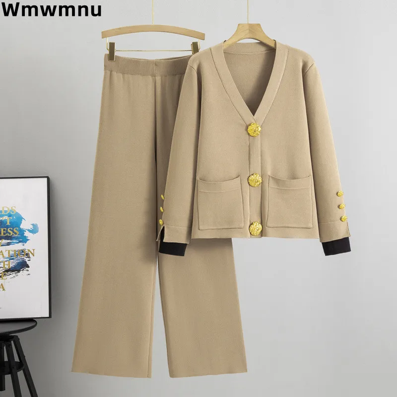 Фото Fall Winter Warm Soft Knitted 2 Piece Sets Casual V-neck Cardigan Sweater Coats Tops Conjunto Elegant Wide Leg Pants Ensembles №1