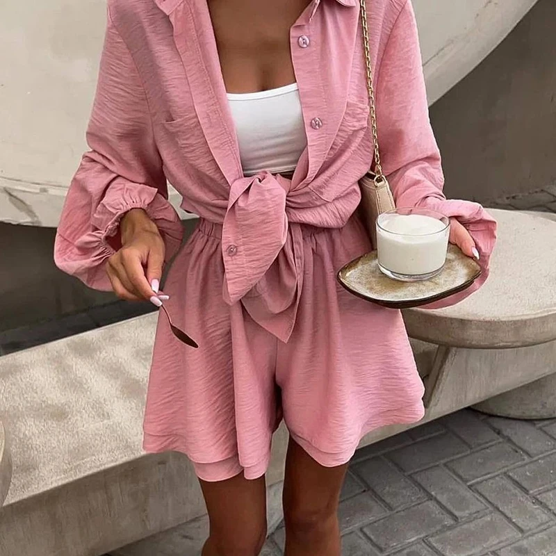 Женская одежда с воротником-поло свободный топ длинными рукавами и шорты