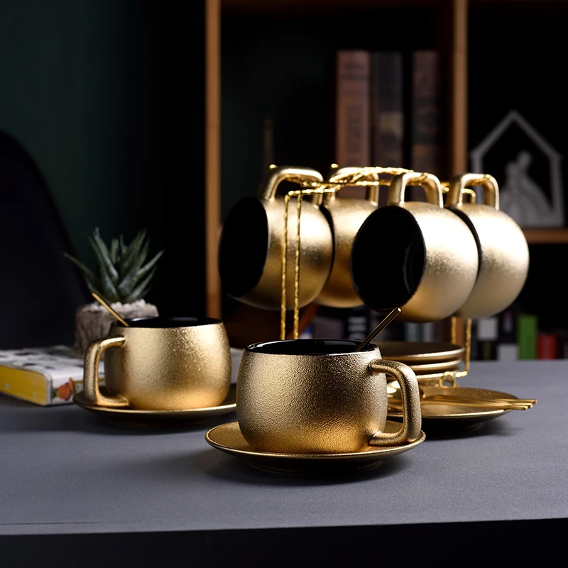 

High-grade Dubai Style Golden Coffee Cup Set Simple Modern Tea Cup Luxury Tea Cup Set Nordic Afternoon Camellia Tea Cup