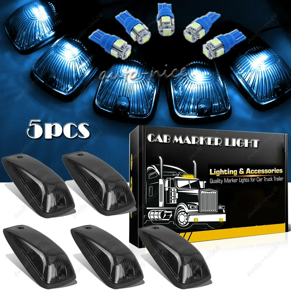 

5X Smoke Lens Cab Marker Roof Running Light Cover + Ice Blue Led For Chevy/Gmc