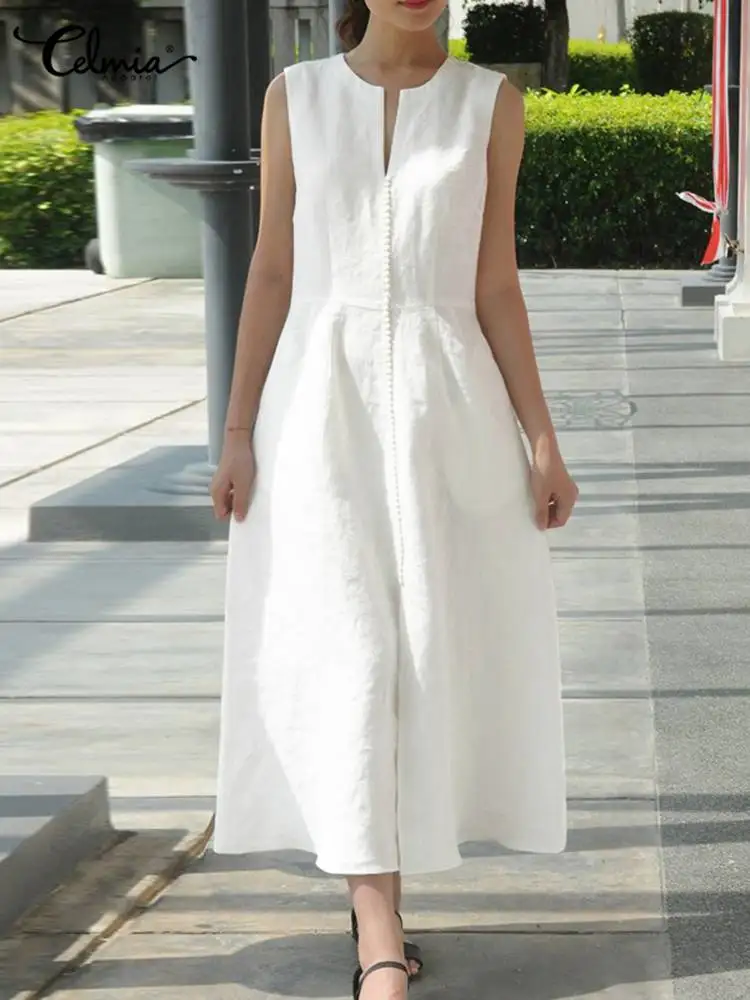 

Celmia Summer Party Maxi Dress Women Sexy V Neck Sleeveless Bohemian Vintage Long Dress 2022 Casual Loose Belted Beach Vestidos