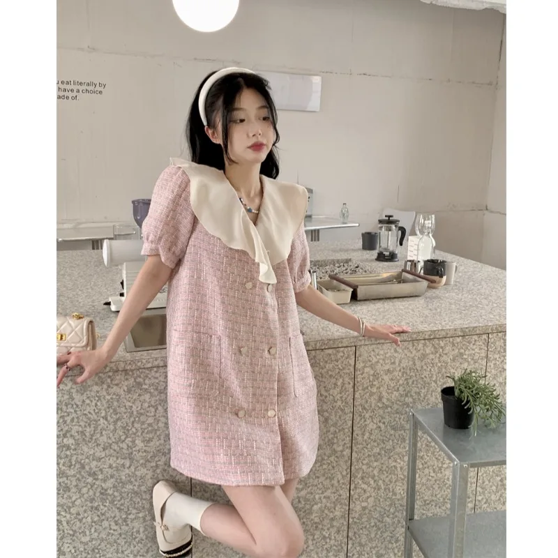 

Ruffle small fragrance short sleeved dress for women loose and thin in summer French retro gentle Hong Kong chic skirt