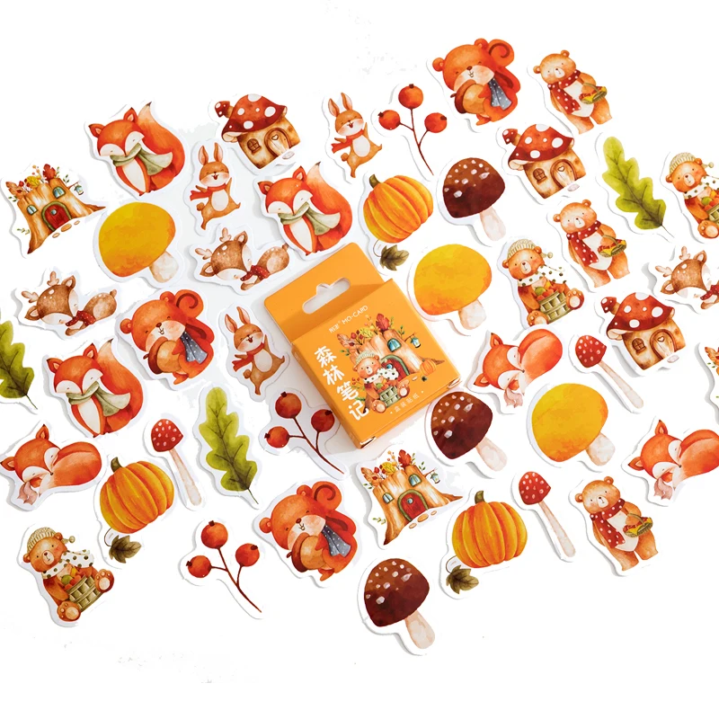 

46Piece Warm orange fox mushroom pumpkin cute animal Mini Boxed Stickers Adhesive Scrapbooking Decorative Label material 4CM