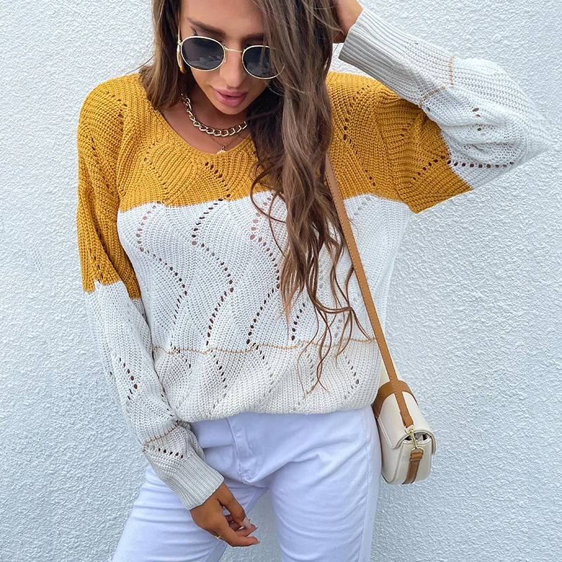 New Autumn Spring Women Sweater Top Knitted Top Hollow-Out Sweater With Tripes And Color Contrast Sweater Women Top
