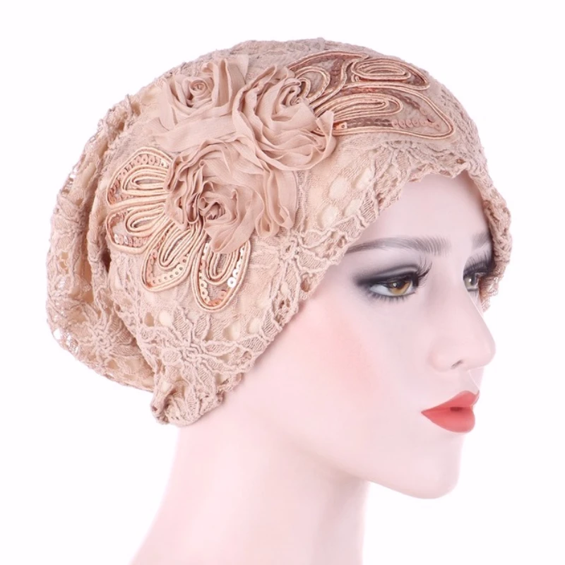 Beautiful Lace Flower Turban Cap Spring Muslim Hijab Hat Bonnets For Women Designer Chiffon Hijab Flower Beanie Islamic Headwrap