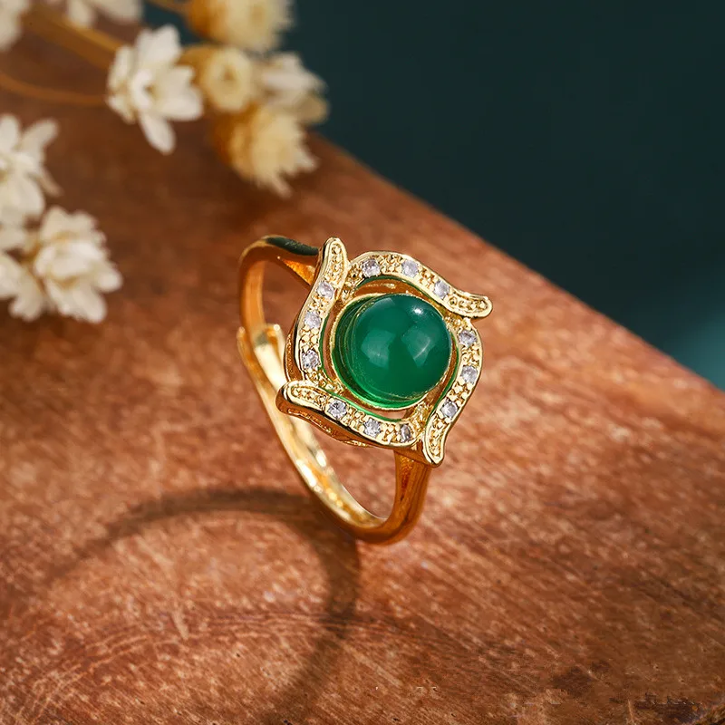 

Natural green chalcedony dripping jade ring fashion boutique men's and women's spinach green opening adjustable ring gift
