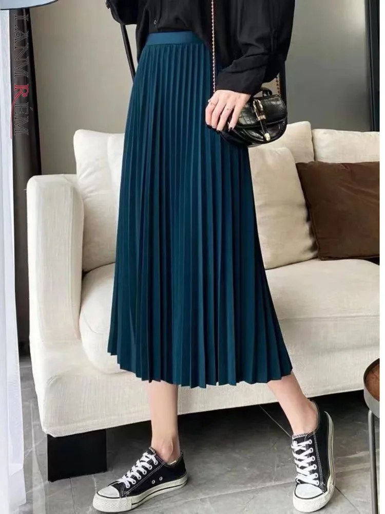 

LANMREM плиссированная юбка для женщин трапециевидная Однотонная юбка до середины икры с высокой эластичной талией Женская Новая мода 2022 осен...