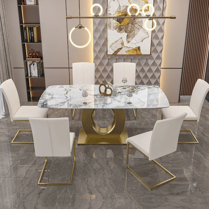 

Restaurant Reception Dining Table Stainless Steel Bright Surface Creative Light Luxury Home Table And Chair Combination Set