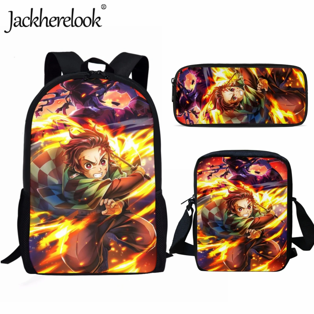 Jackherelook Youngster Trendy School Bag Tanjirou Manga Rengoku Fashion School Backpack 3pcs Boys Laptop Bag Children Bookbag
