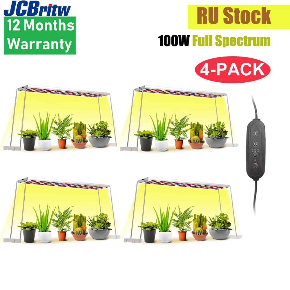 

JCBritw 4PCS LED Grow Light with Stand 1.5 ft Full Spectrum 100W Desk Plants Growing Lamp Dimmable w/ Timer Function