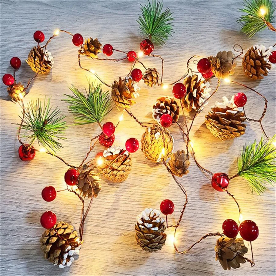 Battery Powered Pinecone Christmas Garland Fairy Lights 20LEDs Berry Bell String Lights for Holiday Wedding Xmas Tree Decoration