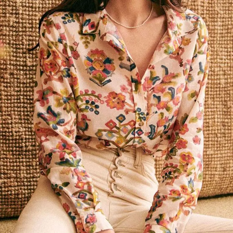 

Floral Print Women Cotton Classic Chemise Turn-down Collar Single Breasted Female Straight Shirt tops 2022 Autumn new