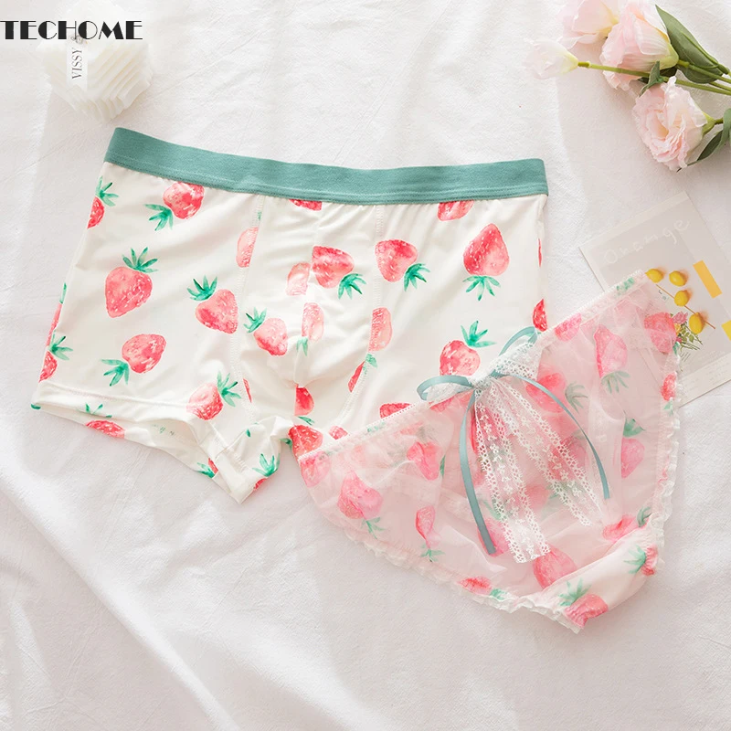 

Women Net Yarn Underwear Fruit Print Sexy Panties Couple Briefs Ladies Lingerie Men's Boxer Briefs Low Waist Bragas