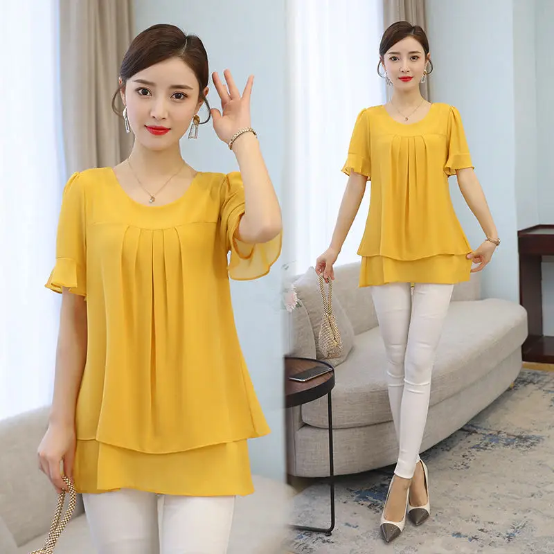 

2023 Summer Obesity Mid-length Chiffon Blouse Oversized 5XL Women Short Sleeve Beautiful Self-cultivati Shirt Blouse Show Thin