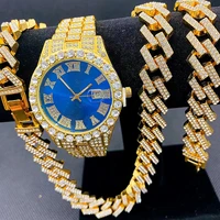 3pcs full iced out watch mens cuban link chain bracelet necklaces choker hip hop jewelry for men gold chains watches gifts reloj