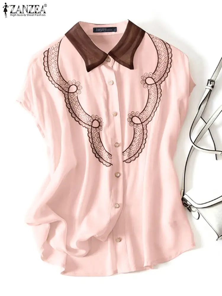 

ZANZEA 2023 Summer Button Up Chemise Sleeveless Women Shirts Elegant Embroidery Blouses Lapel Casual Color Blocking Vintage Tops