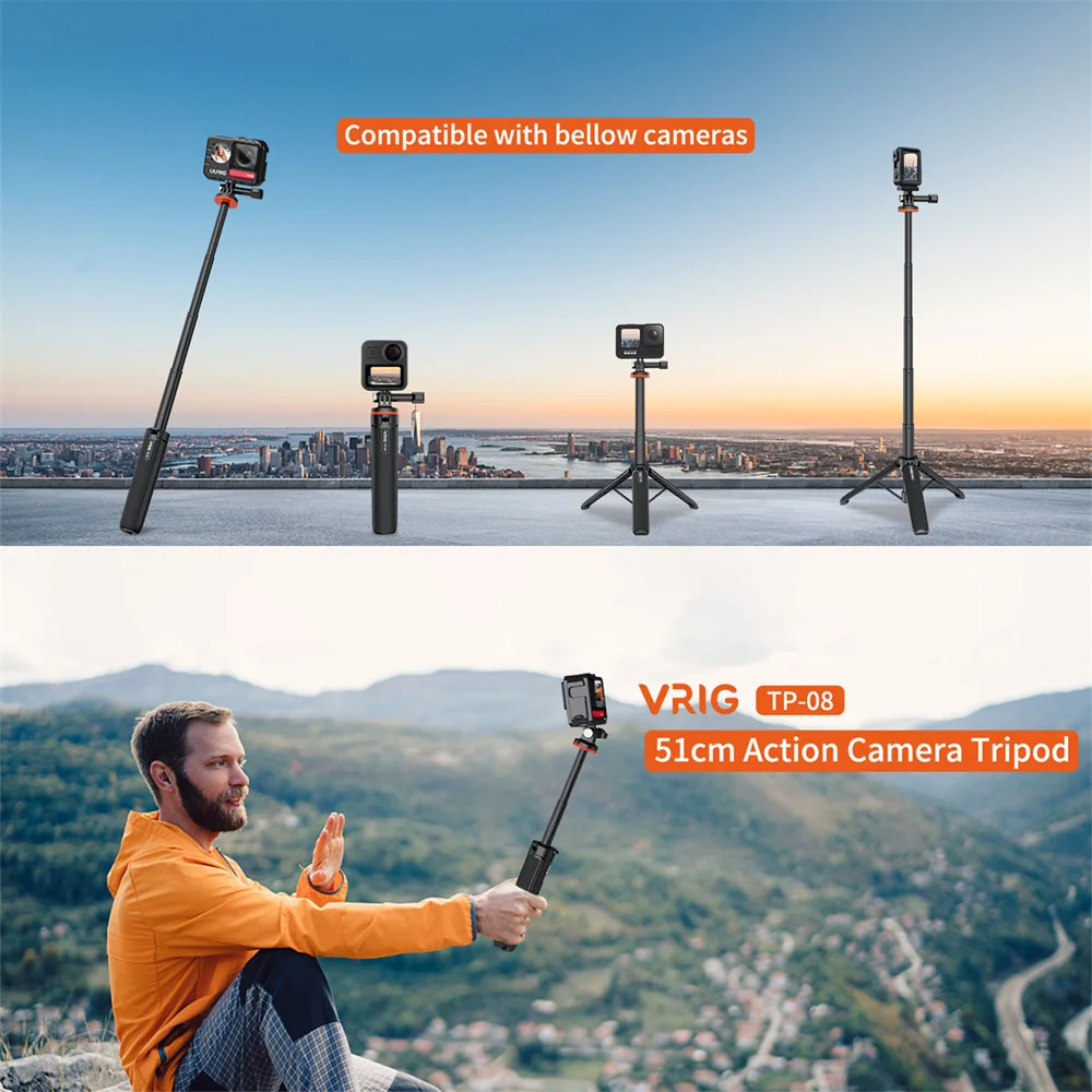 Выдвижная селфи-палка VRIG для Gopro 12 11 10 9 8 7 6 5 Osmo Action Insta 360 One R X3
