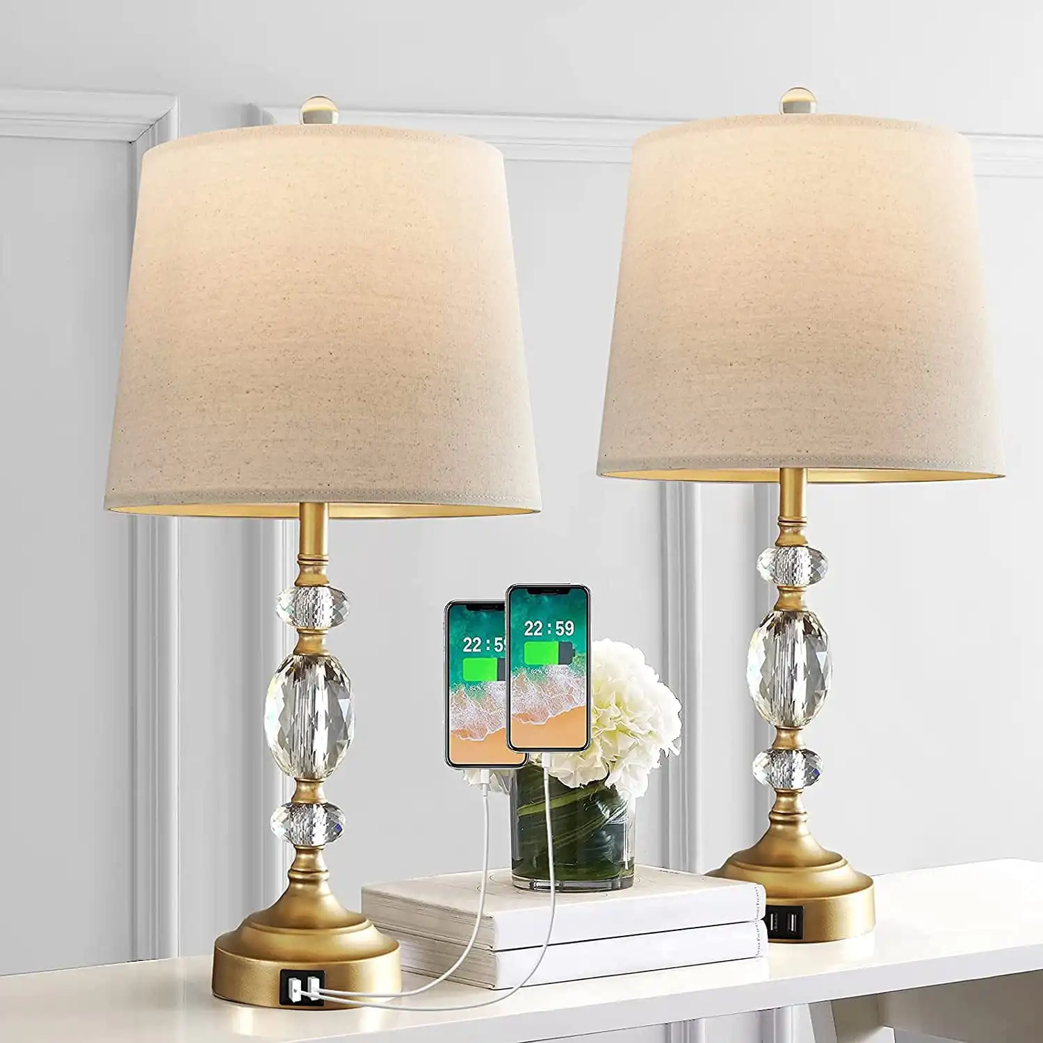 

2pcs 22" Crystal Bedside Table Lamp Set with Dual USB Ports Modern Beside Lamp Exquisite Nightstand Lamp with Fabric Shade for B