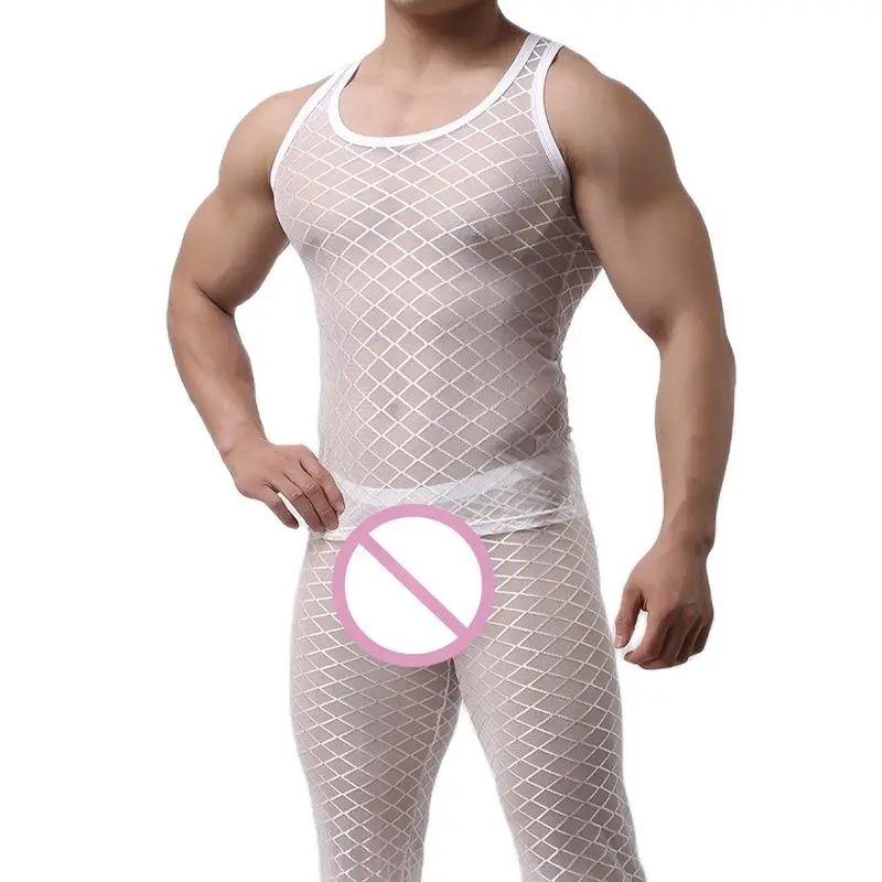 CLEVER-MENMODE Fishnet Pajamas Sets Men Sexy Tranparent Tank Tops Pants Trousers Mesh Vest Bottoms Sleepwear Nightwear