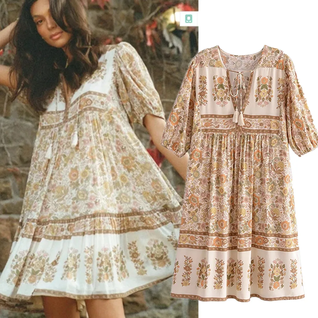 

Jenny&Dave 2022 Indie Folk Floral Print Dress Tassles V-neck Loose Bohemian Style Fashion Mini Dress Women