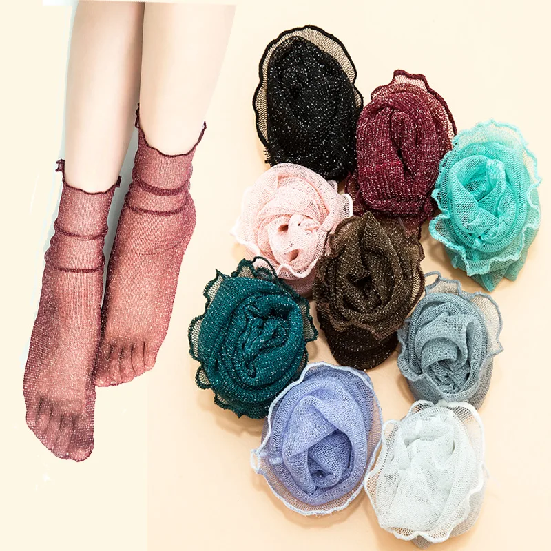 

Летние модные дышащие золотые Пудровые серебряные Пудровые звезды японский серебряный шелк блестящие сетчатые ретро носки ручной работы п...