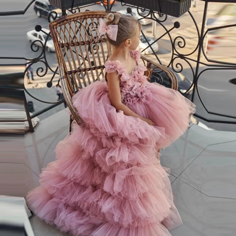 

Elegant Blush Pink Floral Tulle Pageant Dresses For Girls Chic High Low Ruffles Mesh Flower Girl Gowns Puffy Birthday Party Gown