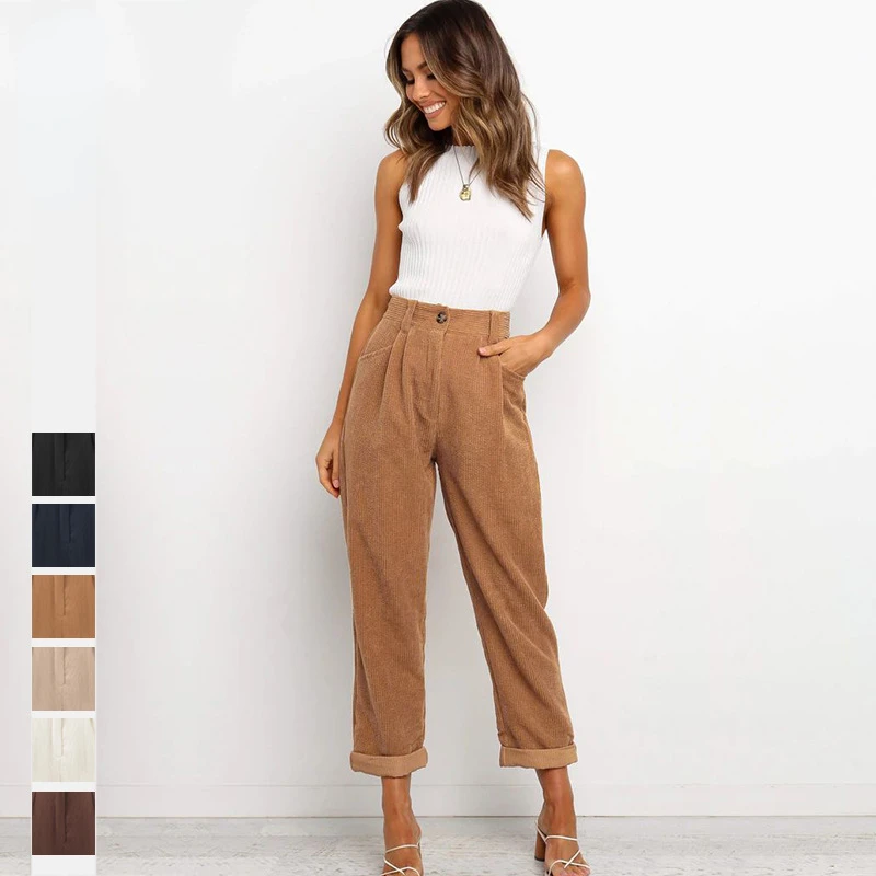 

Autumn New Pure Color Leisure High Waist Corduroy Pocket Nine Point Straight Pants Women's Wear Y2k Pants Trousers Women