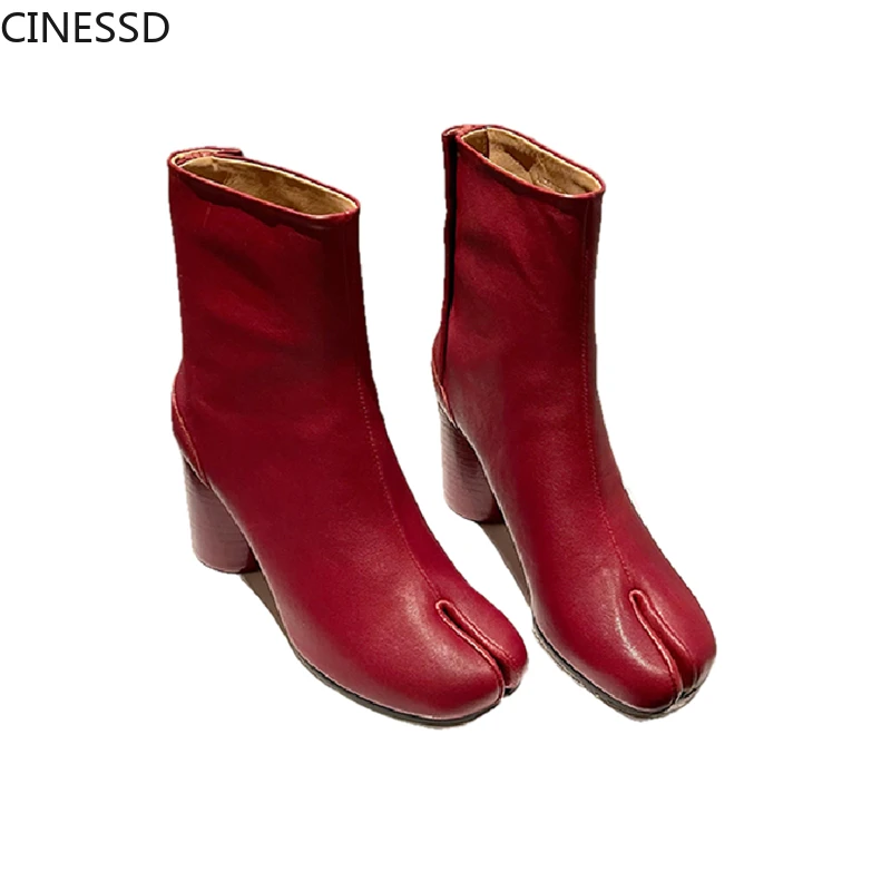 

Cow Leather / Sheepskin Split Toe Women Ankle Ninja Tabi Boots MM6 Hook and Loop Closure Type Real Leather Round High Heel Shoes