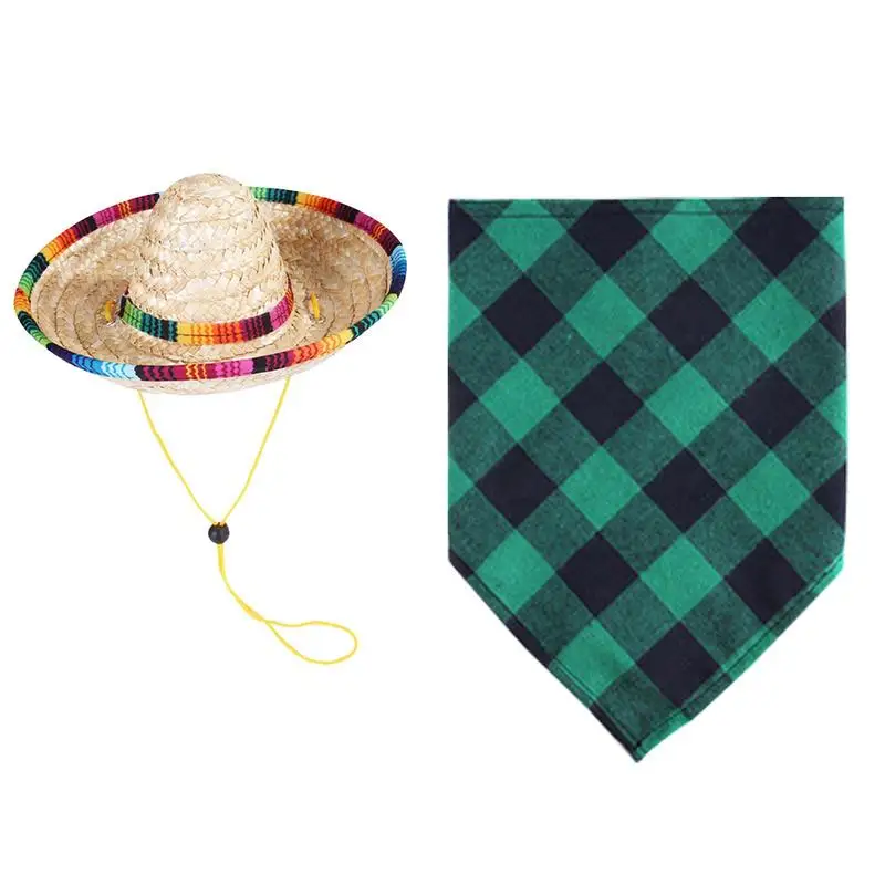 

Dog Drool Bib Triangle Bibs Scarf Dog Straw Hat Plaid Bandana Non Fading Soft Stylish Dog Bib Straw Hat Set For Dogs Cats