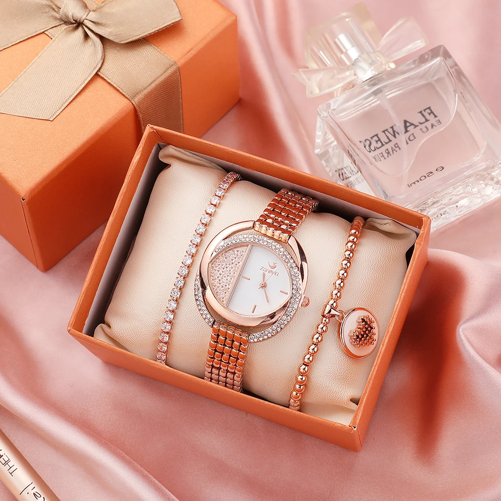 

Korean simple women's quartz watch set gift box 3-piece sweet leisure Steel Diamond Bead Bracelet