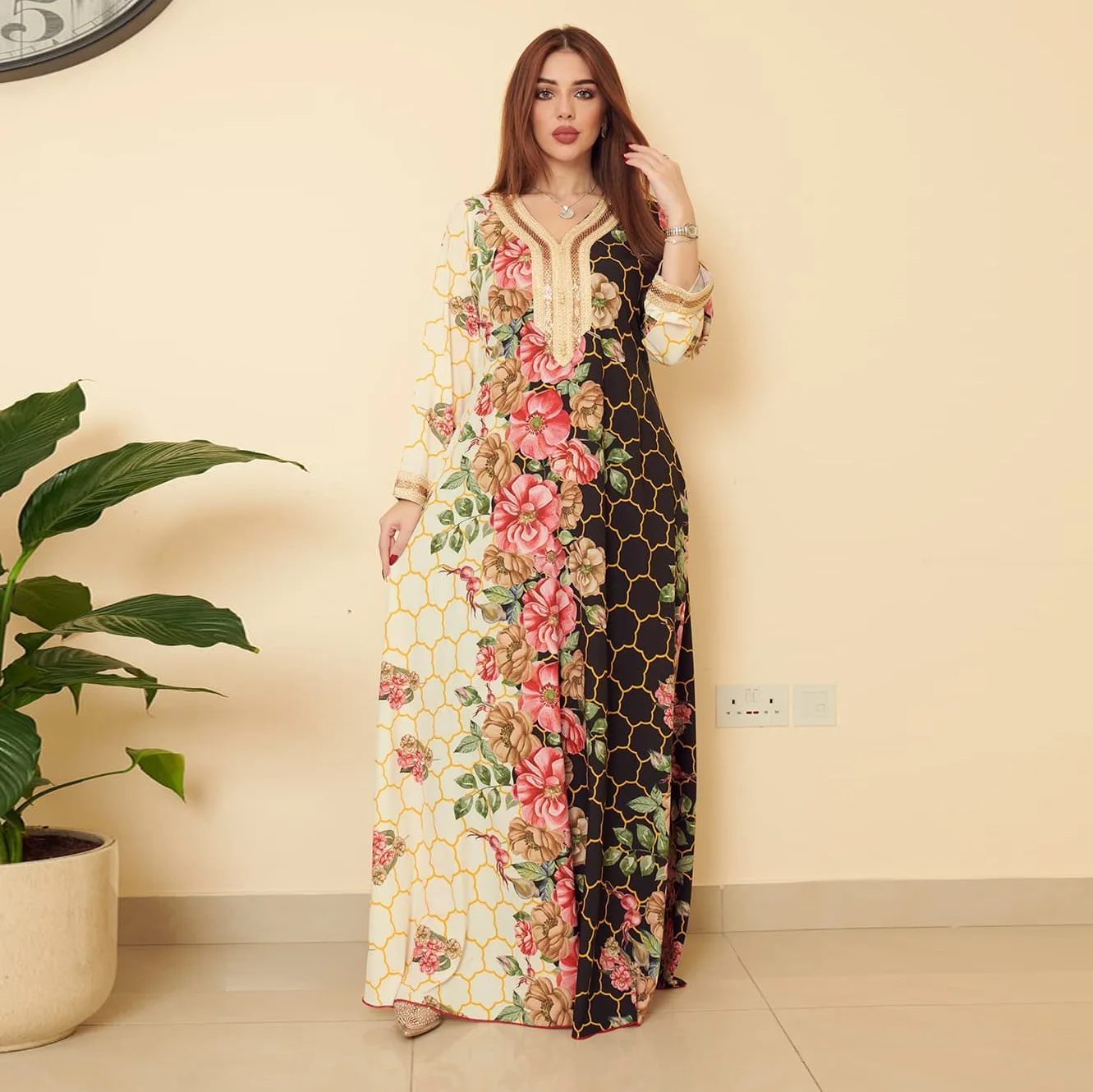 Middle East Abaya Islamic lady Style Lace Long Sleeve Loose Abaya Printing dresses for Muslims  abayas for women dubai