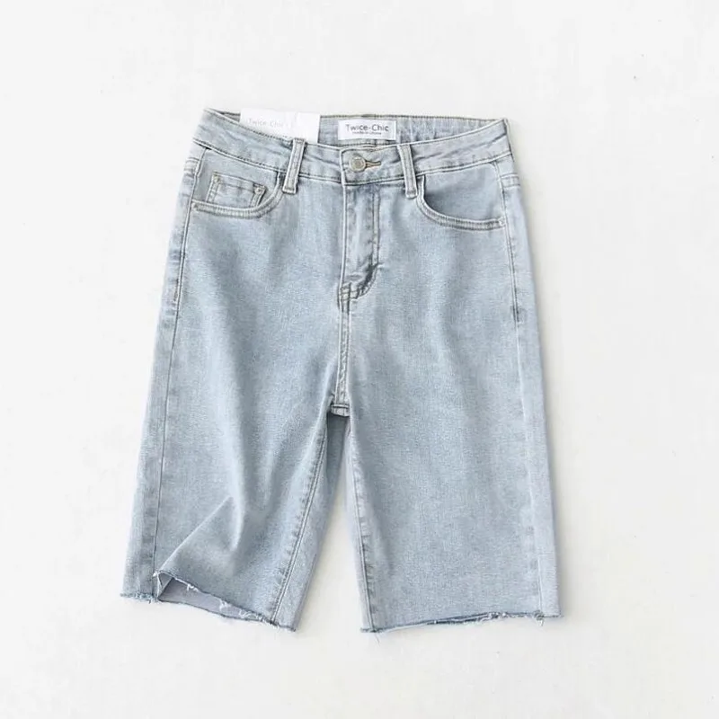 2021 High Street Hurr Hem Knee Length Straight Denim Shorts High Waist Vintage Short Pants Sexy Summer Women Shorts Jeans BF