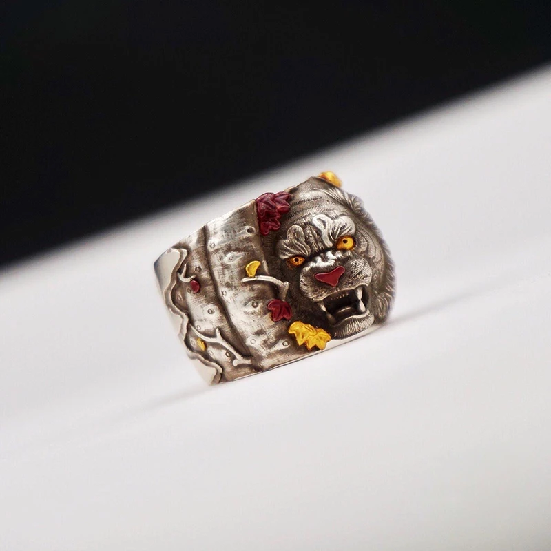

New Design Original Handmade Ring Tiger Roar White Birch Forest Chinese Style Silver Ring Jewelry Accessories