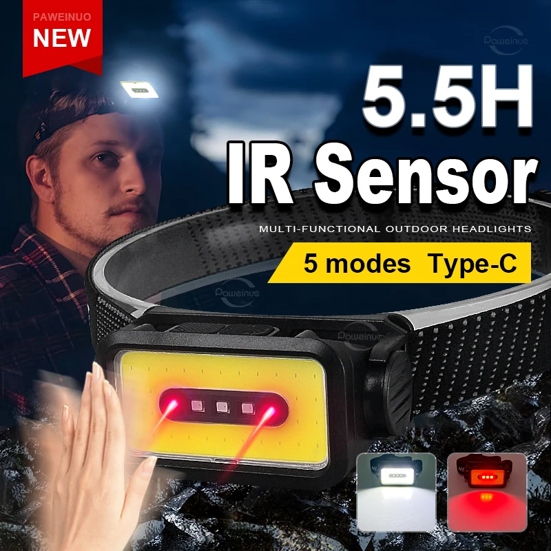 

Мощный фонарь с подзарядкой типа C, новинка 2023, фитиль COB IR Senor, Головной фонарь для рыбалки и кемпинга, водонепроницаемый фонарь высокой мощности