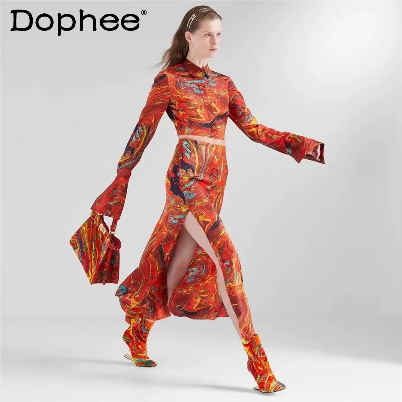 

Spring New Women's Lapel Single Breasted Long Sleeve Silk Cotton Short Shirt 2022 Fashion Graffiti Print High Waist Skirt Suit