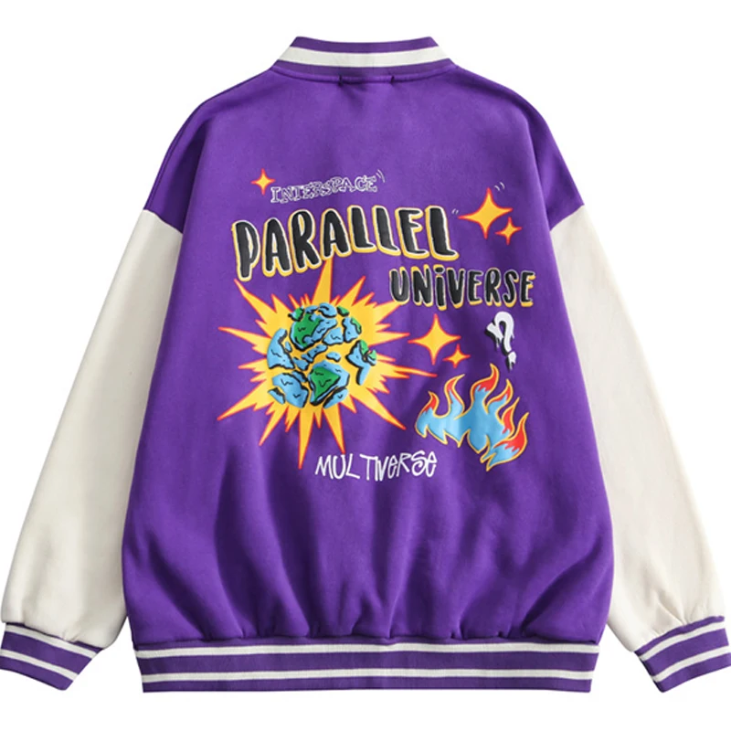 

Men Vintage Baseball Jackets Fleece Fun Cartoon Print Splicing Varsity Jackets Winter Warm Winter Purple Coat Oversized Couple