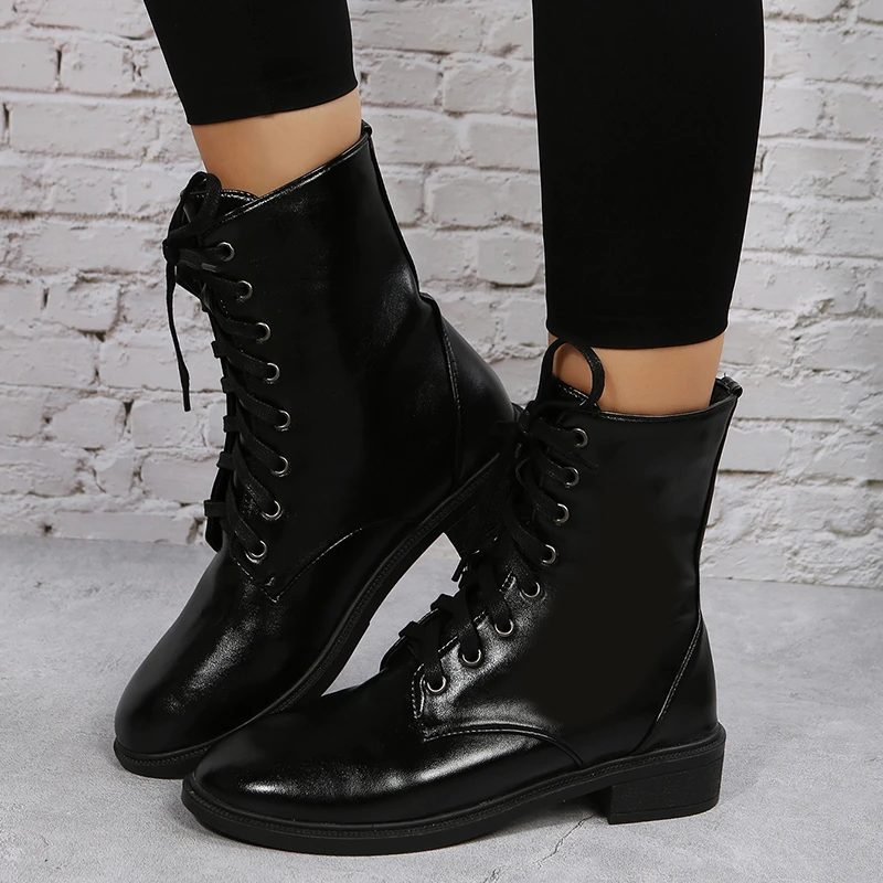 Autumn and Winter Plus Size 34-43 Women's Boots Leather Women's Thick Bottom Ankle Boots Motorcycle Boots Fashion Women's Shoes