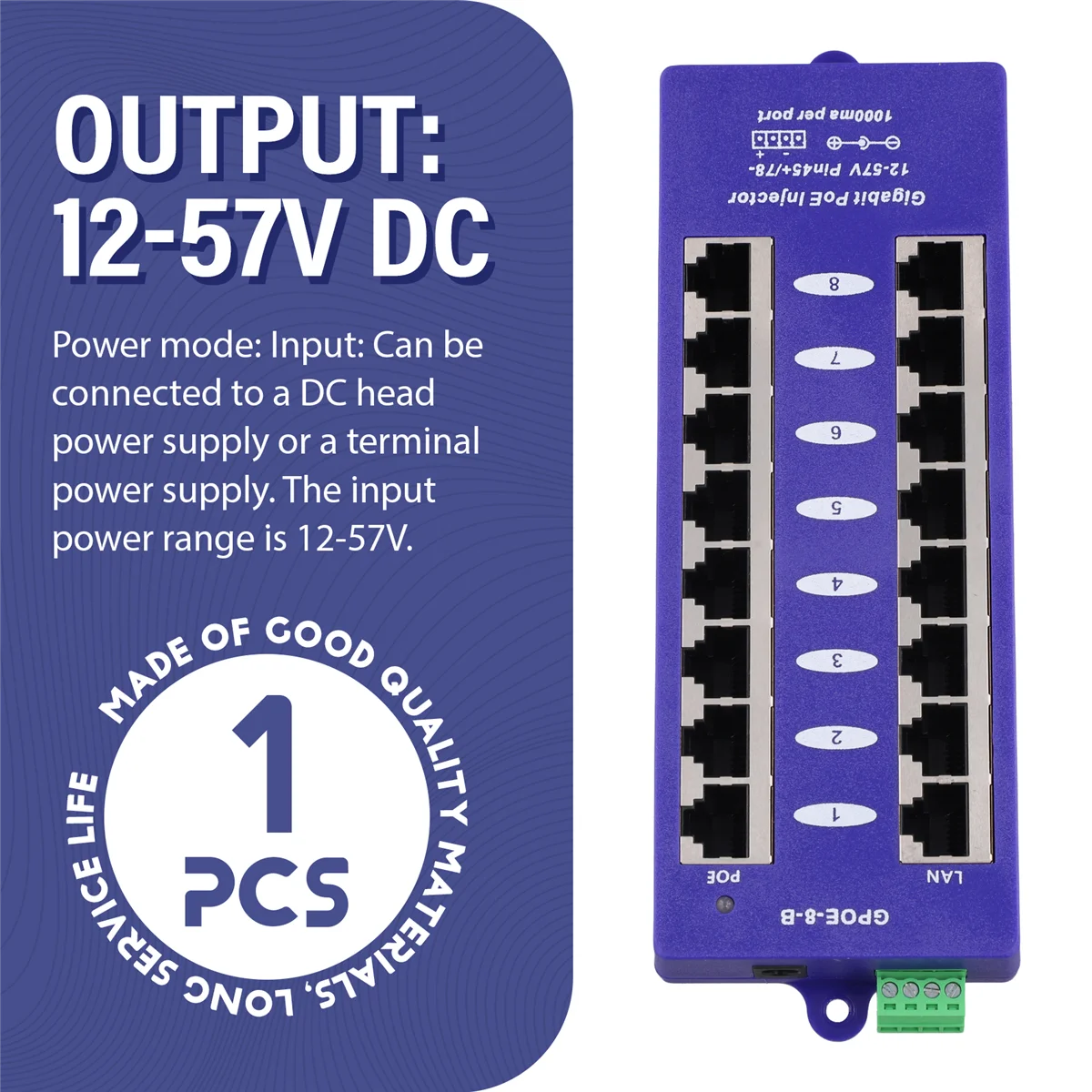Фото ABGV Новый 802.3af Mid-Span PoE-инжектор, режим B (4/5+, 7/8-) Пассивный гигабитный 8-портовый PoE-инжектор для сетевых систем видеонаблюдения UBNT №4