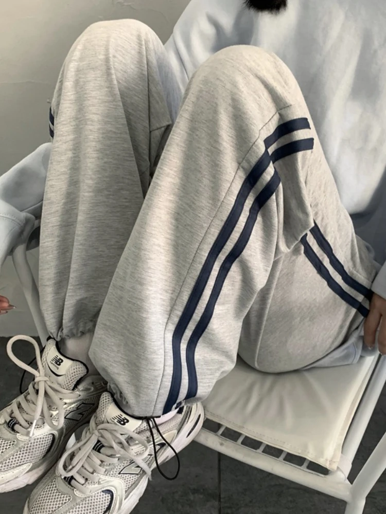 

Deeptown Korean Style Sweatpants Women Classic Sports Pants Oversize Summer Joggers Baggy Gray Black Striped Wide Trousers