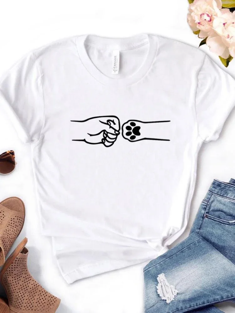 С рисунком собачки и котика ручной кулачки принт Женская футболка с коротким