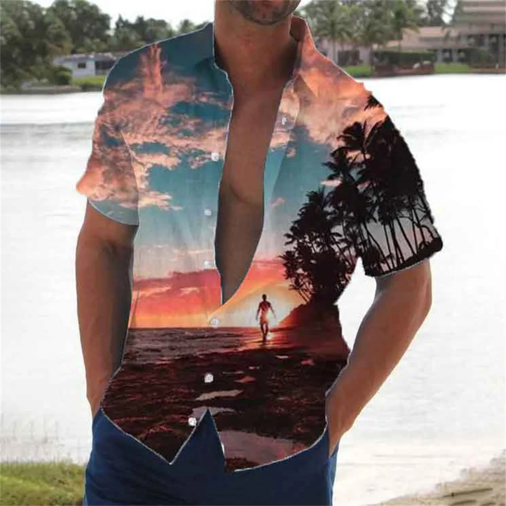 

2023 Casual Loose Summer New Men's Lapel Button Short Sleeve Shirt Pattern Printed Men's Shirt Hawaiian Sunset Coconut Tree Styl