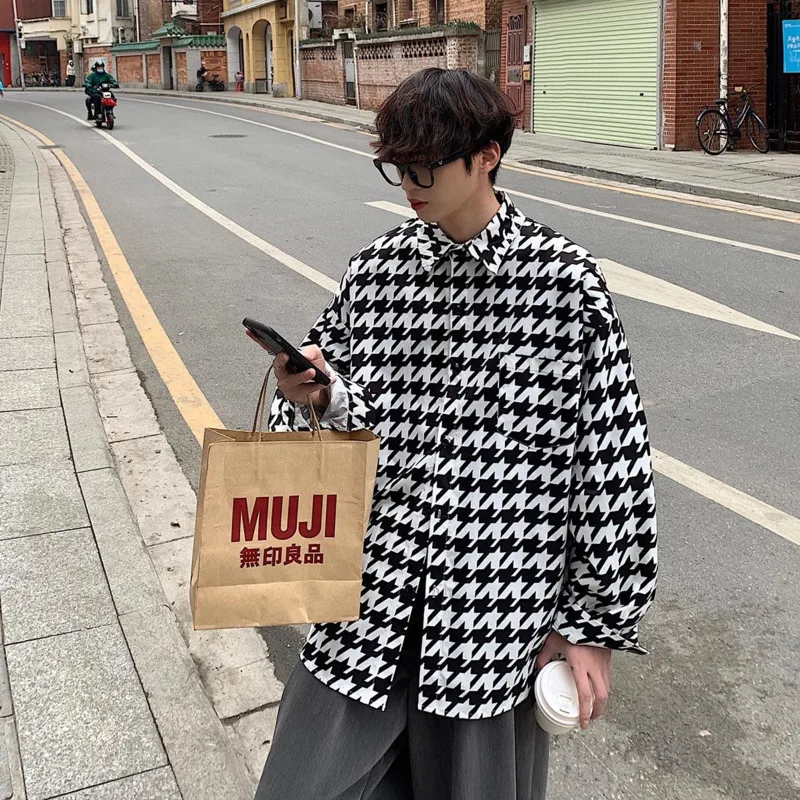 Blue/Black Plaid Shirt Men Fashion Retro Casual Shirt Men Streetwear Korean Loose Long Sleeve Shirts Mens Dress Shirt M-2XL