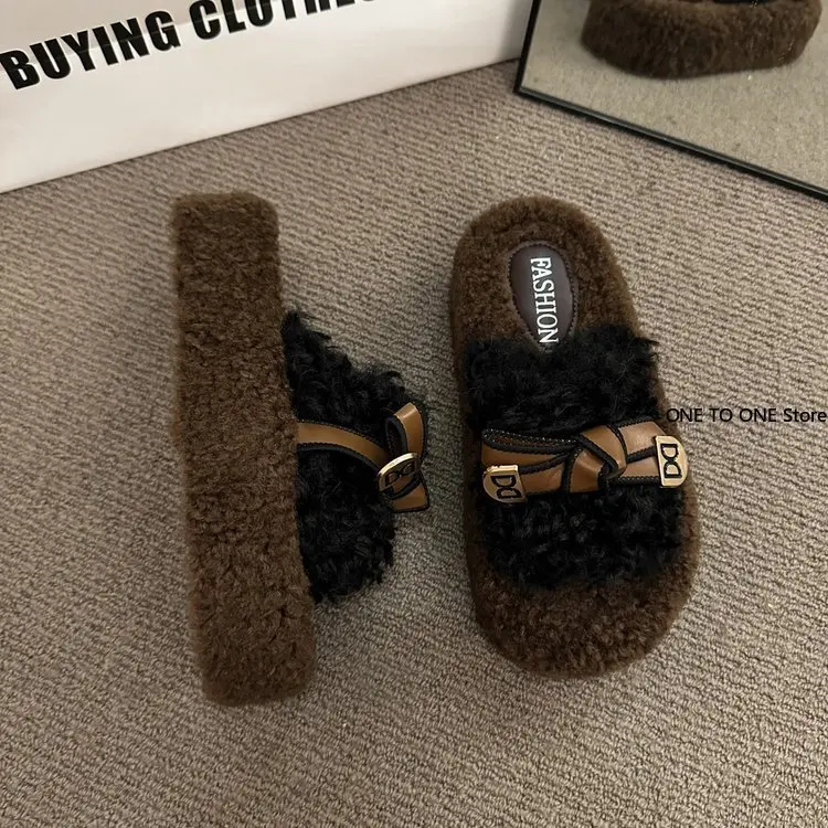 Обувь Женские тапочки на платформе из флока с мехом Шлепанцы средним носком