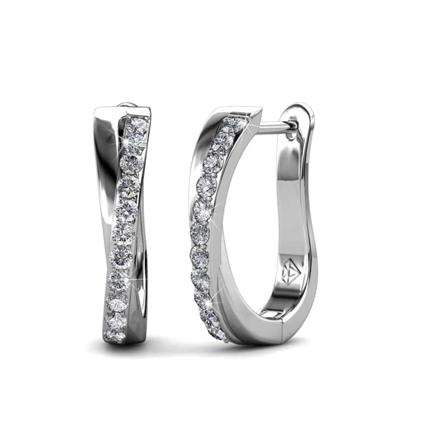 

Adventurous 18k White Gold Hoop Earrings w/ Crystals, Sparkling Silver Twisted Hoops Earring Set w/Solitaire Round Cut Crystals