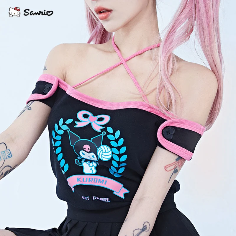 

Винтажная летняя женская сексуальная майка, милая Sanrio Kuromi, модная женская повседневная спортивная футболка в стиле Харадзюку короткий топ с принтом Y2k 2023