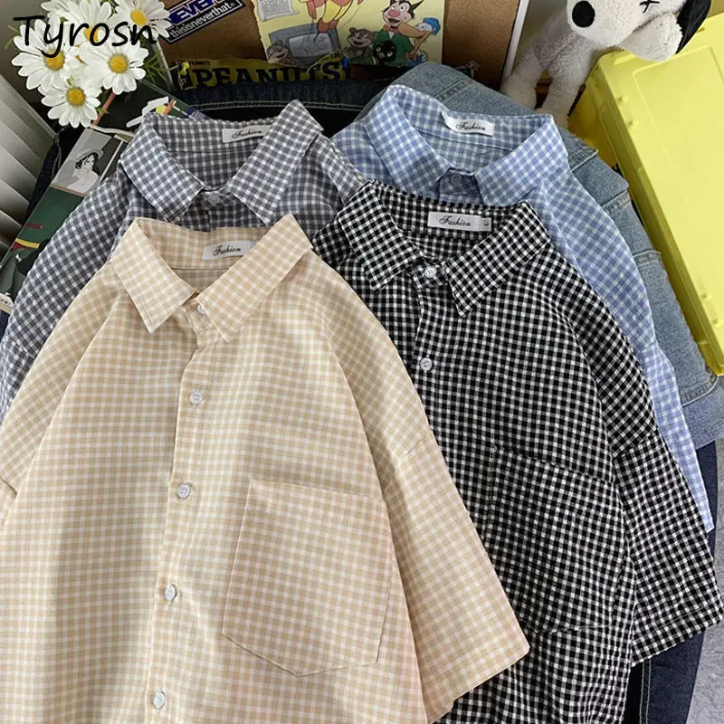 Рубашка Ulzzang женская с коротким рукавом свободная в клетку стиле унисекс