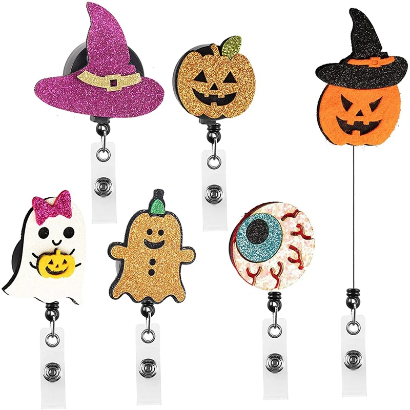 

6Pcs Halloween Retractable ID Badge Holder With Swing Clip Decorative Name Nurse Badge Reel Clip On Card Holders